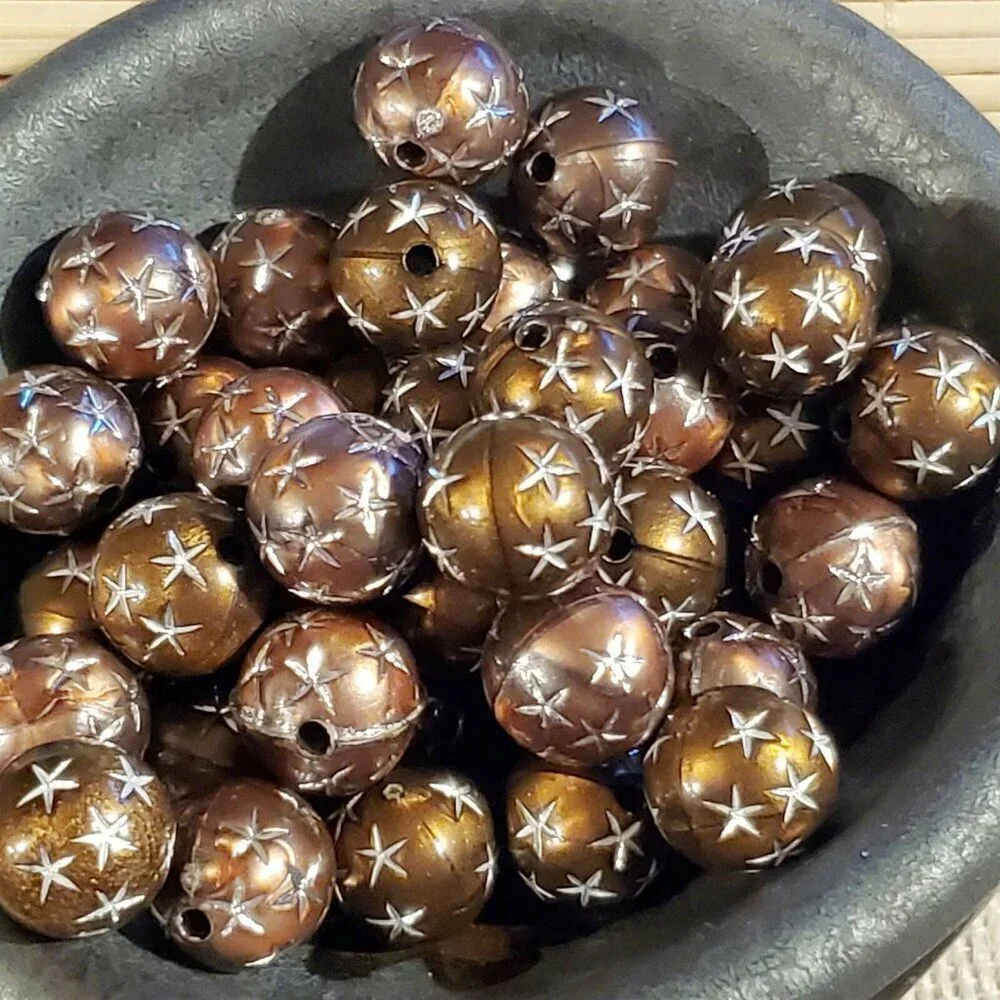 10 Vintage Retro Brown Silver Stars 12mm Round Acrylic Shabby Chic Beads